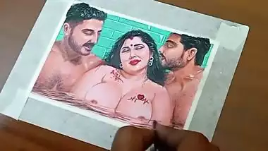 Erotic Art Or Drawing Of a Hot Desi Woman Having A Steamy Affair with her Two Brother In Laws