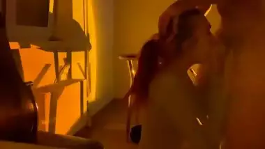 A beautiful Russian schoolgirl with a cool ass jumps on a dick and sucks it with pleasure