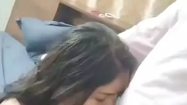 Cute girlfriend hot blowjob to boyfriend with smile